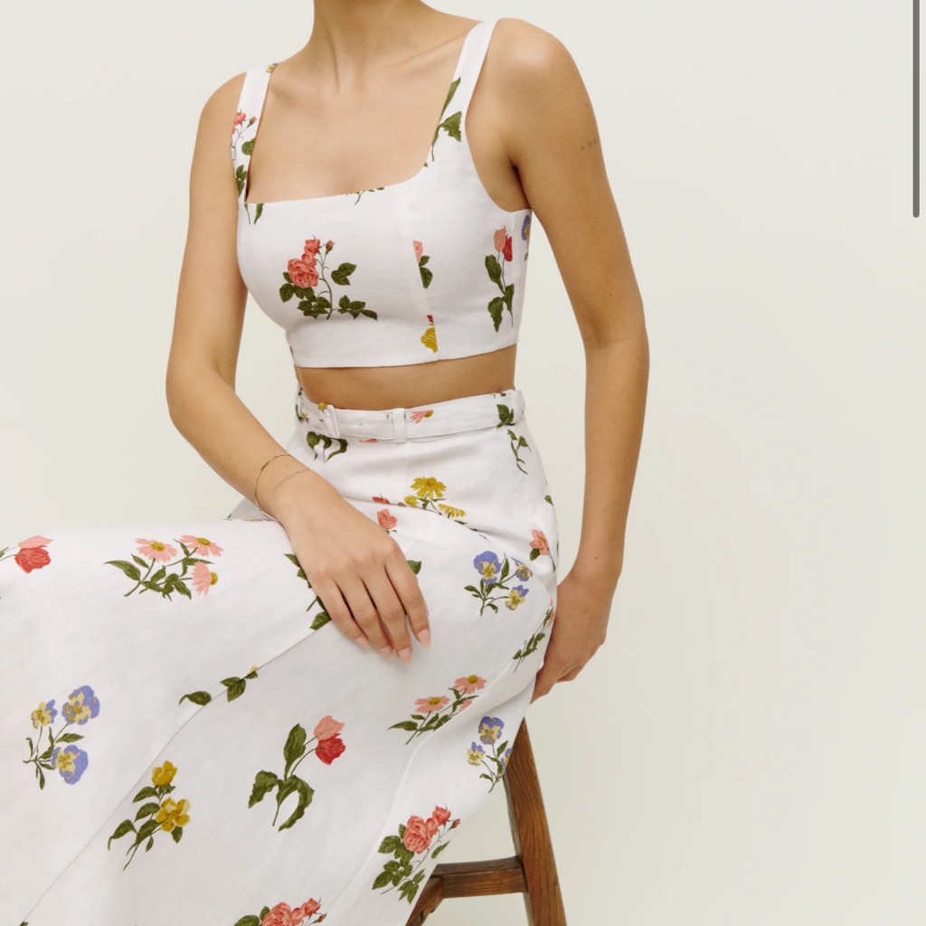 Nwt Reformation Cole Two Piece, Size 6, White Linen Floral, Crop Top Skirt